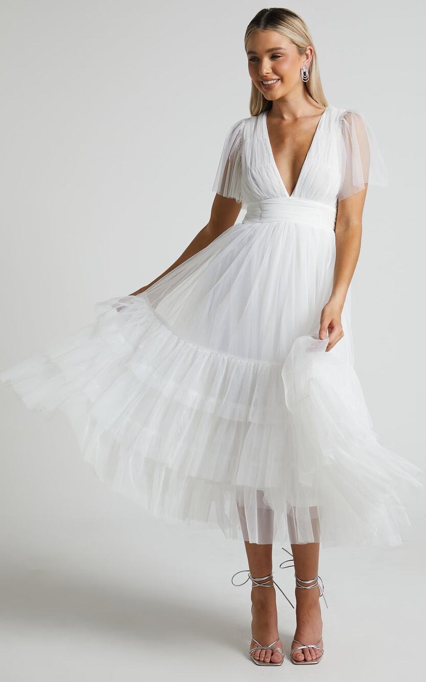 New Showpo JIRAYE Midi Dress Flutter Sleeve Tuelle Plunge Dress -Small MSRP $139